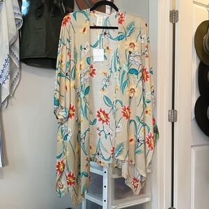 Do everything in love Beige Floral Kimono with Teal and Red Accents